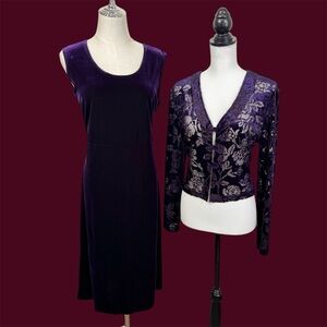 Vintage Purple Velvet Midi Dress Burnout Jacket Set Size 14 Y2K Fairy Whimsigoth